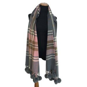 G Scarf Wrap With‎ Pom Poms Pink Gray Plaid Fringe